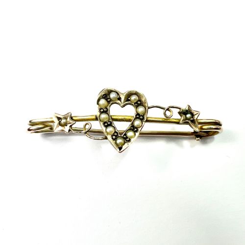 Edwardian 9ct Gold Pearl Heart and Ivy Safety Pin Brooch