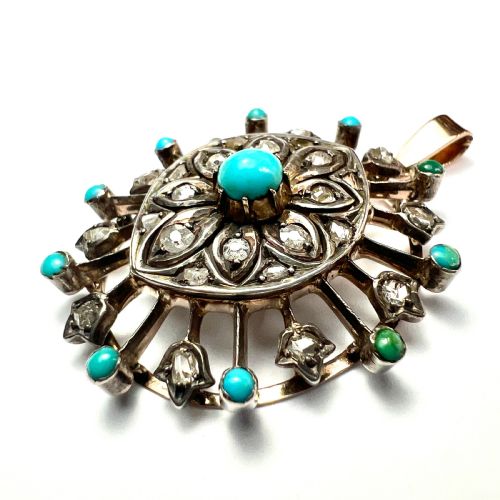 ANTIQUE ROSE CUT DIAMOND TURQUOISE GOLD AND SILVER PENDANT - ADDITIONAL PHOTO 3
