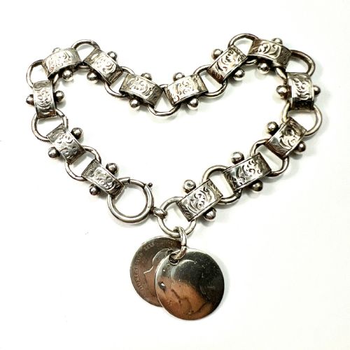 Victorian Silver Book Chain Bracelet with Groat Coin Charms