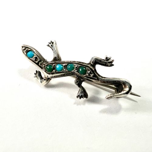 Antique Art Deco Silver Turquoise Lizard Brooch