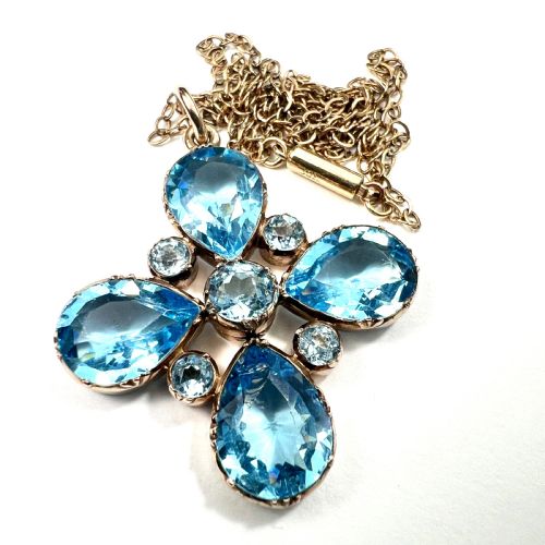 Georgian Paste Aquamarine Square Cross Pendant Necklace