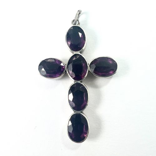 GEORGIAN LARGE FOILED AMETHYST PASTE SILVER CROSS PENDANT - ADDITIONAL PHOTO 1