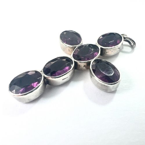 GEORGIAN LARGE FOILED AMETHYST PASTE SILVER CROSS PENDANT - ADDITIONAL PHOTO 4