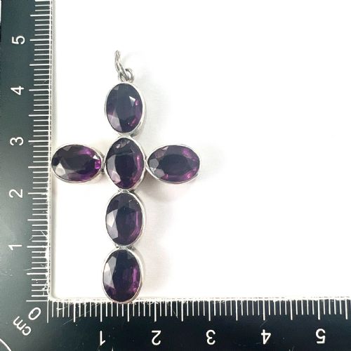 GEORGIAN LARGE FOILED AMETHYST PASTE SILVER CROSS PENDANT - ADDITIONAL PHOTO 7