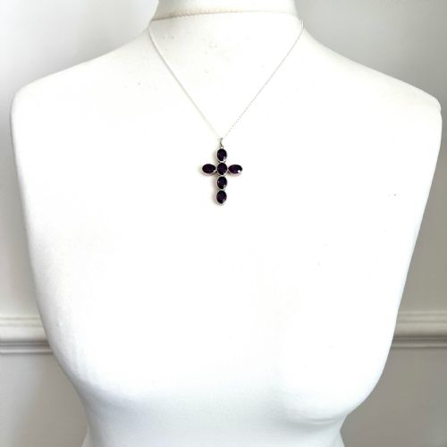 GEORGIAN LARGE FOILED AMETHYST PASTE SILVER CROSS PENDANT - ADDITIONAL PHOTO 8