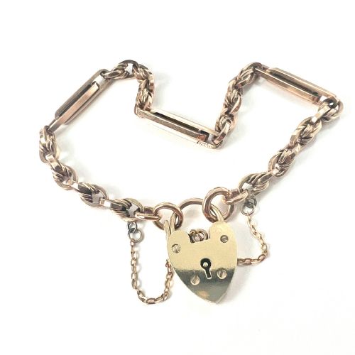 Antique 9ct Rosy Gold Long Link Bracelet with Padlock