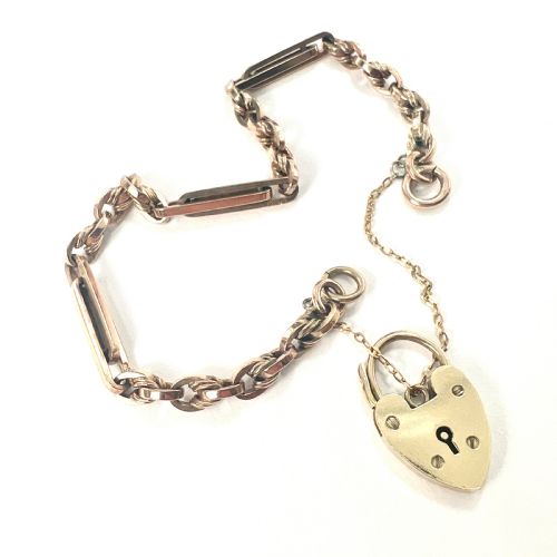 fig 2. Antique 9CT Rosy Gold Long Link Bracelet with Padlock