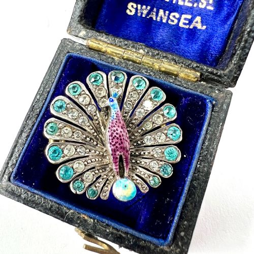 Edwardian Paste Peacock Brooch in Sterling Silver and Enamel