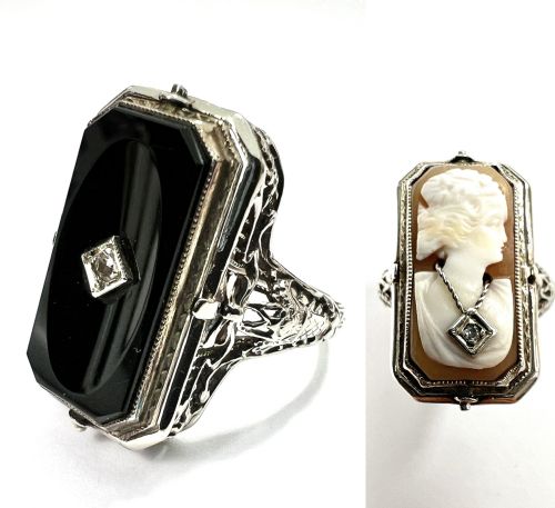 Art Deco 14ct White Gold Diamond Reversible Cameo Flip Ring