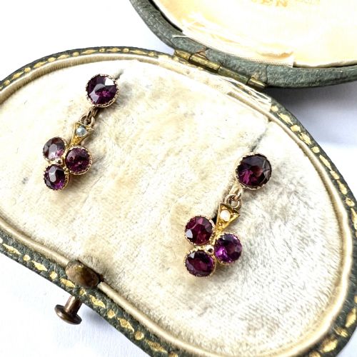 fig 1. Edwardian 15CT Gold Almandine Garnet and Pearl Trefoil Earrings