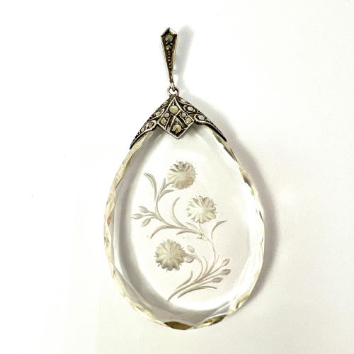 HUGE VINTAGE ART DECO SILVER MARCASITE FLORAL INTAGLIO TEARDROP PENDANT - ADDITIONAL PHOTO 1
