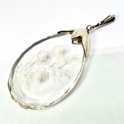 HUGE VINTAGE ART DECO SILVER MARCASITE FLORAL INTAGLIO TEARDROP PENDANT - ADDITIONAL PHOTO 2