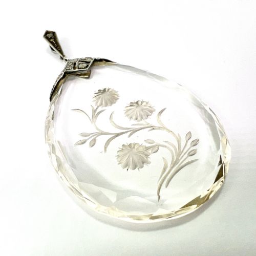 HUGE VINTAGE ART DECO SILVER MARCASITE FLORAL INTAGLIO TEARDROP PENDANT - ADDITIONAL PHOTO 3