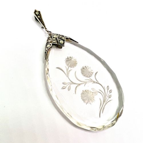 HUGE VINTAGE ART DECO SILVER MARCASITE FLORAL INTAGLIO TEARDROP PENDANT - ADDITIONAL PHOTO 4