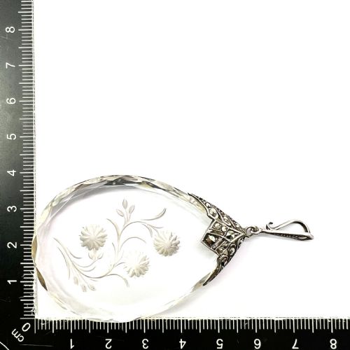 HUGE VINTAGE ART DECO SILVER MARCASITE FLORAL INTAGLIO TEARDROP PENDANT - ADDITIONAL PHOTO 5