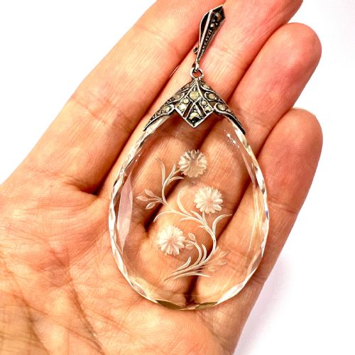 HUGE VINTAGE ART DECO SILVER MARCASITE FLORAL INTAGLIO TEARDROP PENDANT - ADDITIONAL PHOTO 6