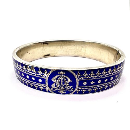 Reserved for J • Victorian Blue Enamel Silver Hinged Cuff Bangle