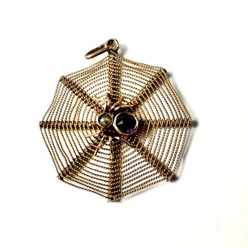 Edwardian 9ct Gold Amethyst and Pearl Spider Web Pendant