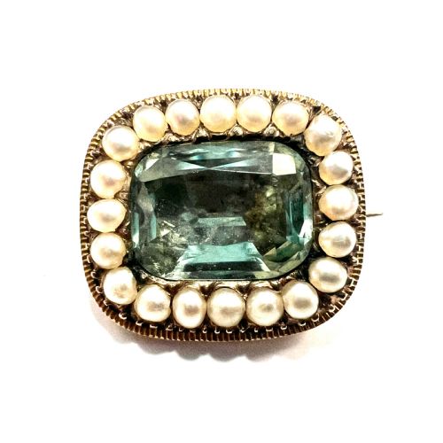 Georgian Gold and Paste Aquamarine Pearl Brooch