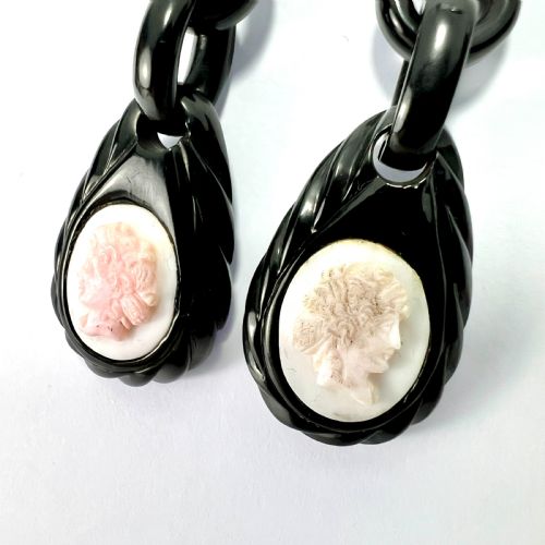 fig 1. Victorian Carved Whitby Jet Shell Cameo Earrings