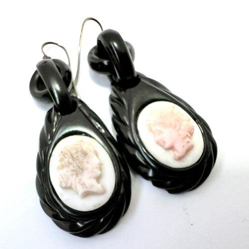 fig 2. Victorian Carved Whitby Jet Shell Cameo Earrings