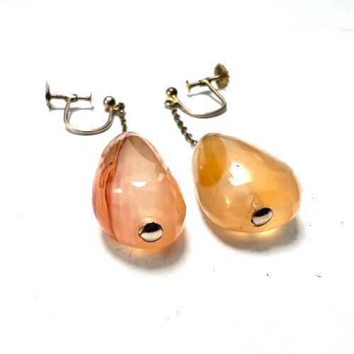 ANTIQUE 9CT GOLD AGATE CHAIN DROP SCREWBACK EARRINGS - ADDITIONAL PHOTO 3