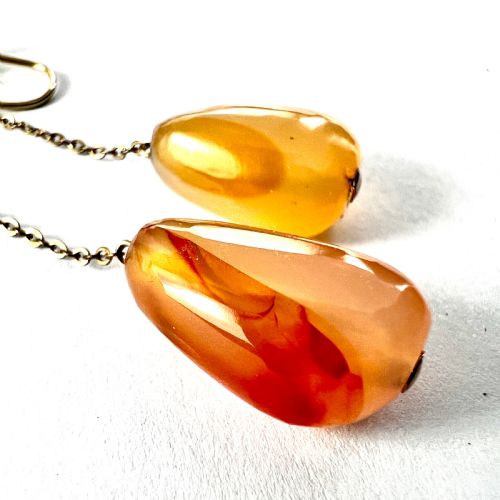 ANTIQUE 9CT GOLD AGATE CHAIN DROP SCREWBACK EARRINGS - ADDITIONAL PHOTO 4