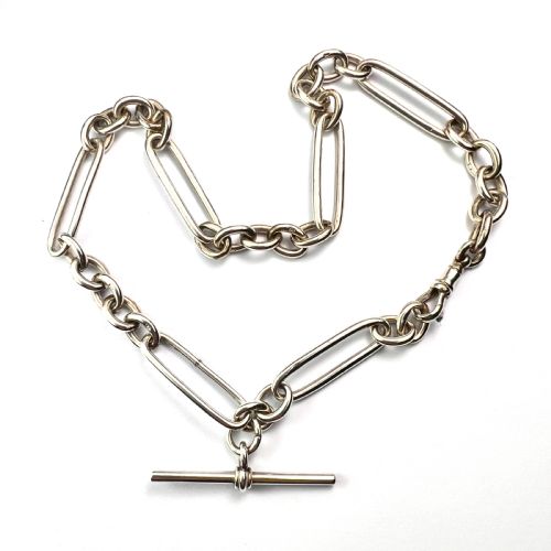 Victorian Sterling Silver Albert Necklace Chain with Dog Clip and T Bar