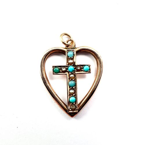 Victorian Turquoise and Pearl Heart Cross Pendant