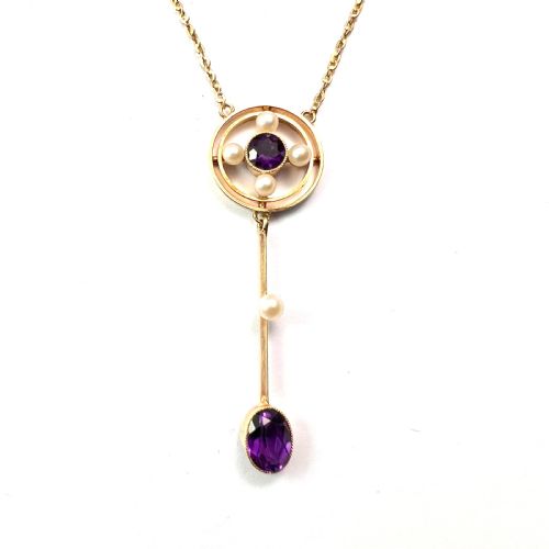 EDWARDIAN 15CT GOLD AMETHYST AND PEARL LAVALIER PENDANT NECKLACE - ADDITIONAL PHOTO 1