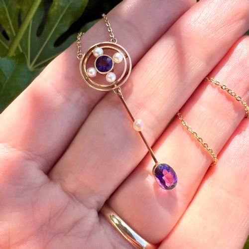 EDWARDIAN 15CT GOLD AMETHYST AND PEARL LAVALIER PENDANT NECKLACE - ADDITIONAL PHOTO 6
