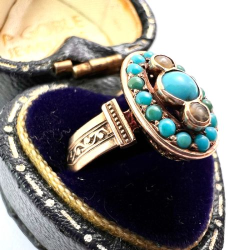 fig 1. Antique Victorian Turquoise and Pearl Ring 14CT Gold