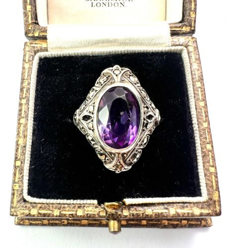 1930s Amethyst Marcasite Silver Cocktail Ring