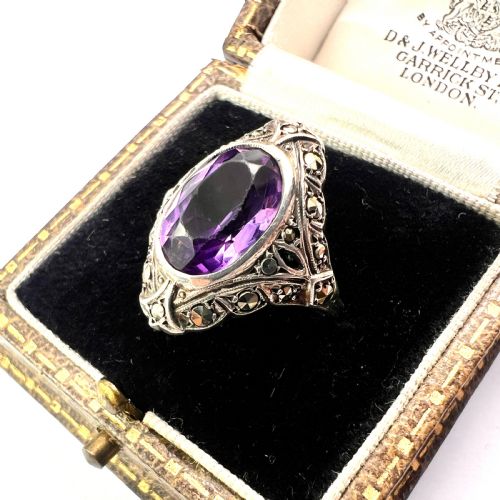 fig 1. 1930s Amethyst Marcasite Silver Cocktail Ring