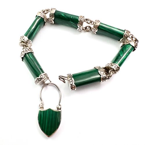 fig 1. RESERVED for MW • Victorian Malachite Silver Scottish Bracelet with Thistle Padlock