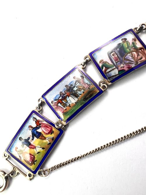 VINTAGE HAND PAINTED ENAMEL MINIATURE SILVER PANEL BRACELET - ADDITIONAL PHOTO 1