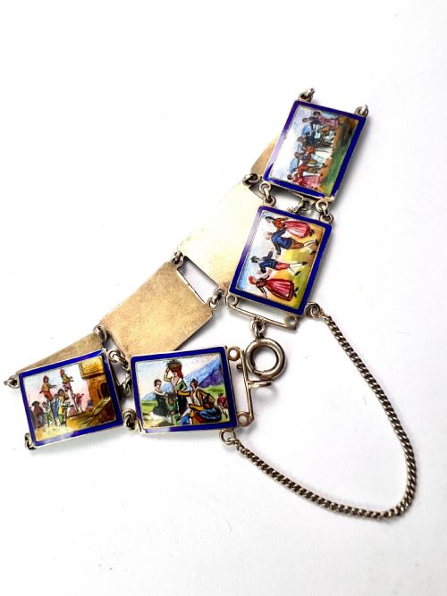 VINTAGE HAND PAINTED ENAMEL MINIATURE SILVER PANEL BRACELET - ADDITIONAL PHOTO 3