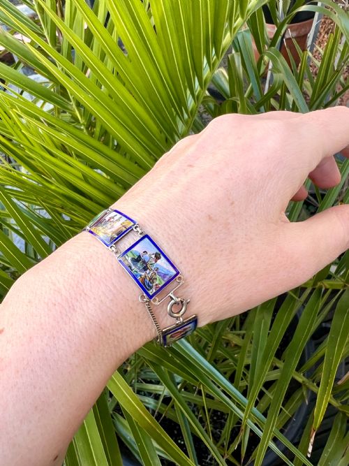 VINTAGE HAND PAINTED ENAMEL MINIATURE SILVER PANEL BRACELET - ADDITIONAL PHOTO 5