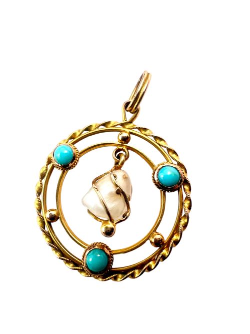 EDWARDIAN TURQUOISE PEARL 15CT GOLD PENDANT NECKLACE - ADDITIONAL PHOTO 1