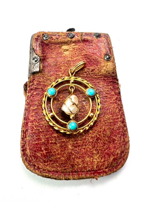 EDWARDIAN TURQUOISE PEARL 15CT GOLD PENDANT NECKLACE - ADDITIONAL PHOTO 3