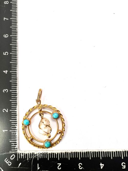 EDWARDIAN TURQUOISE PEARL 15CT GOLD PENDANT NECKLACE - ADDITIONAL PHOTO 4