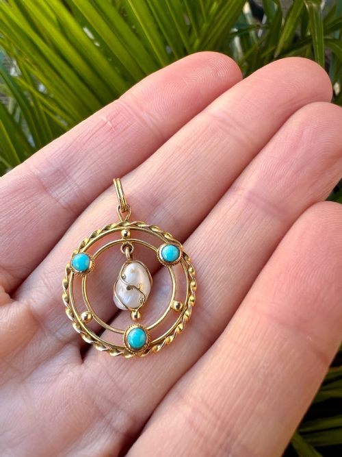 EDWARDIAN TURQUOISE PEARL 15CT GOLD PENDANT NECKLACE - ADDITIONAL PHOTO 5