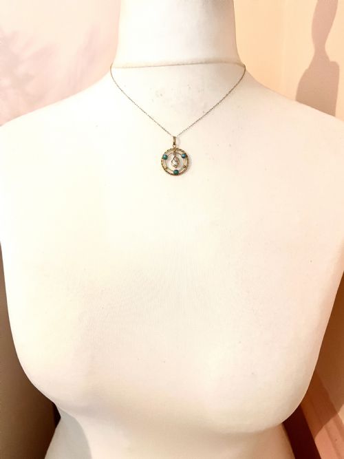 EDWARDIAN TURQUOISE PEARL 15CT GOLD PENDANT NECKLACE - ADDITIONAL PHOTO 6