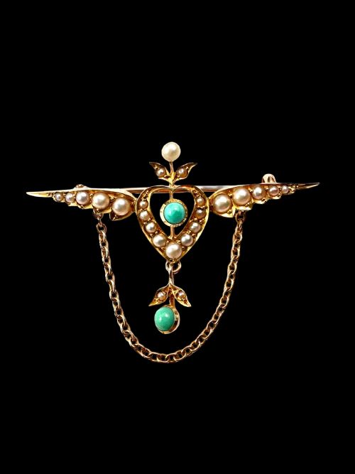 EDWARDIAN 15CT GOLD TURQUOISE PEARL WINGED HEART BROOCH - ADDITIONAL PHOTO 2