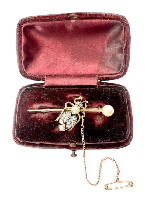 fig 1. Victorian gold beetle brooch set with pave diamonds on the wing cases and pearls on the body and pin, fitted with a safety chain.
