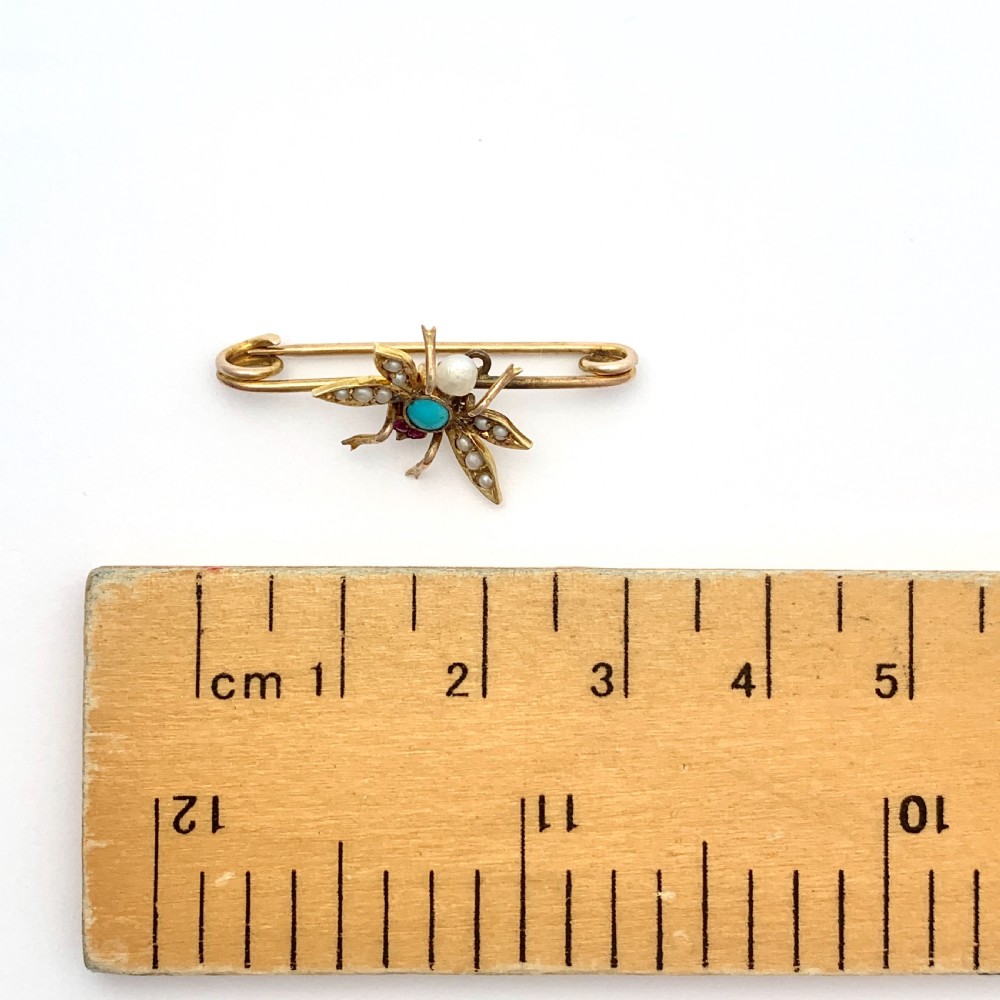 Edwardian 15CT Gold Turquoise, Pearl, Ruby Insect Brooch View II