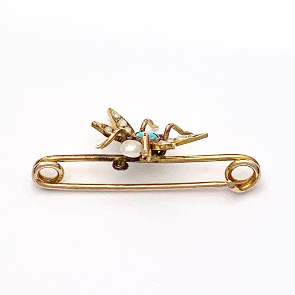 Edwardian 15CT Gold Turquoise, Pearl, Ruby Insect Brooch View III