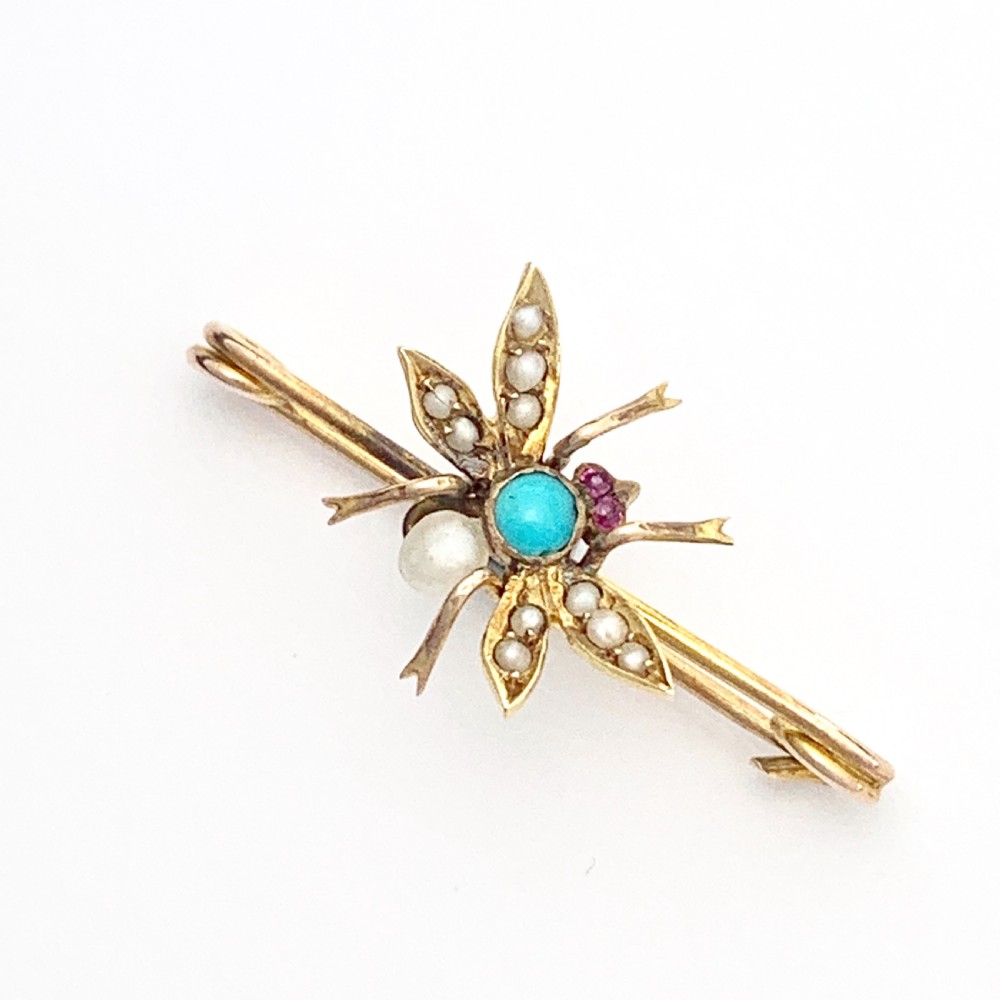 Edwardian 15CT Gold Turquoise, Pearl, Ruby Insect Brooch View IV