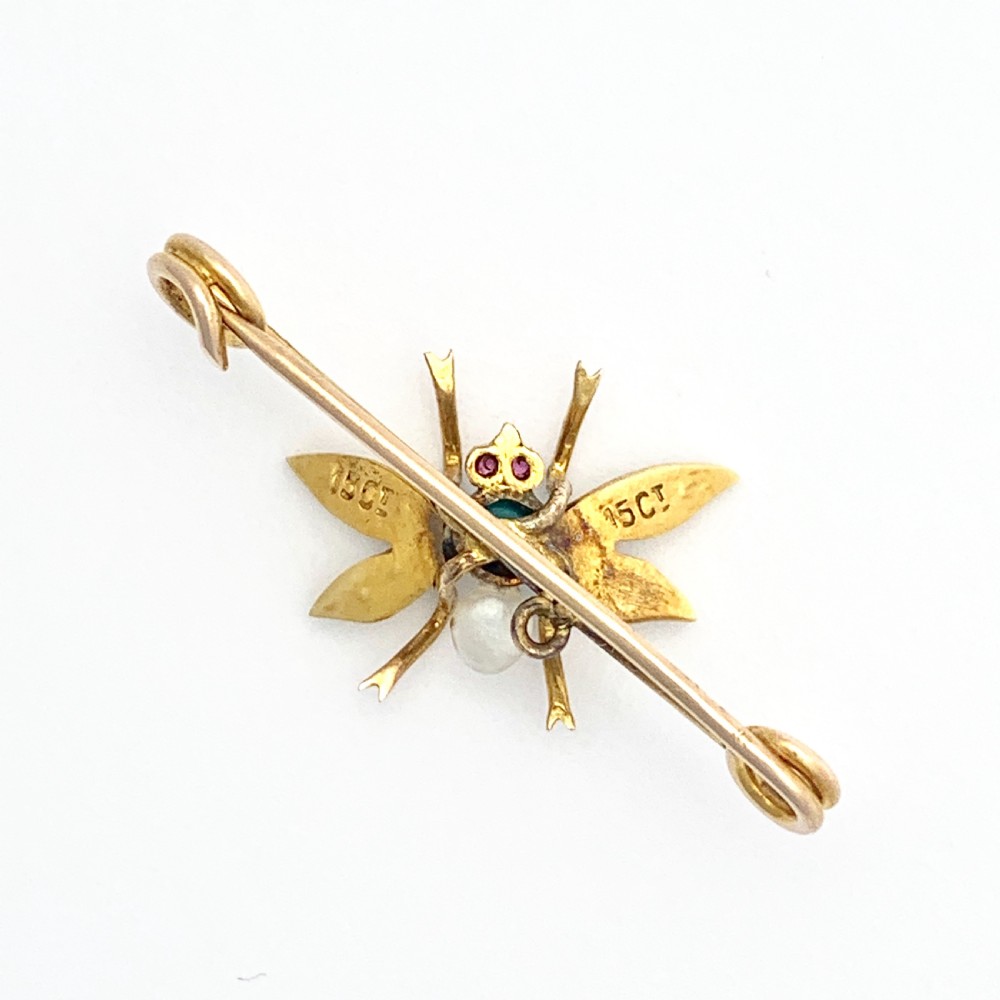 Edwardian 15CT Gold Turquoise, Pearl, Ruby Insect Brooch View V
