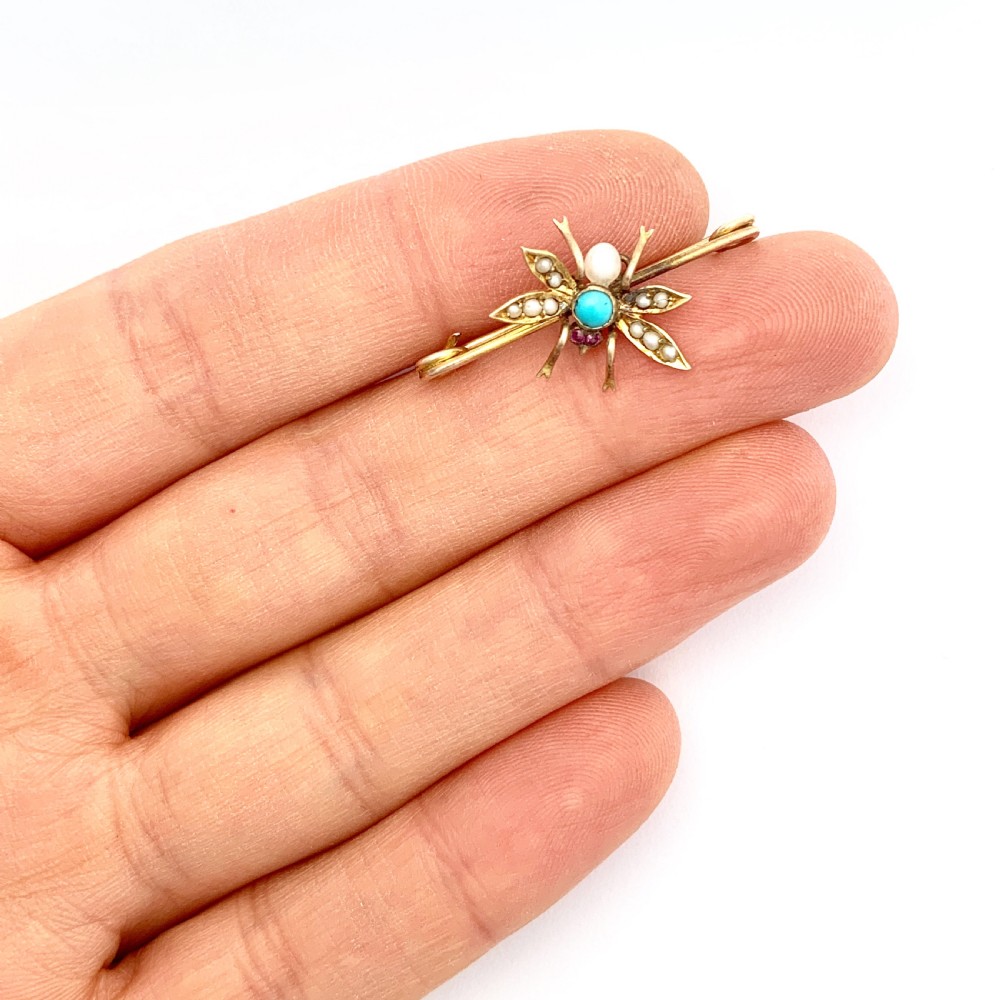Edwardian 15CT Gold Turquoise, Pearl, Ruby Insect Brooch View VI